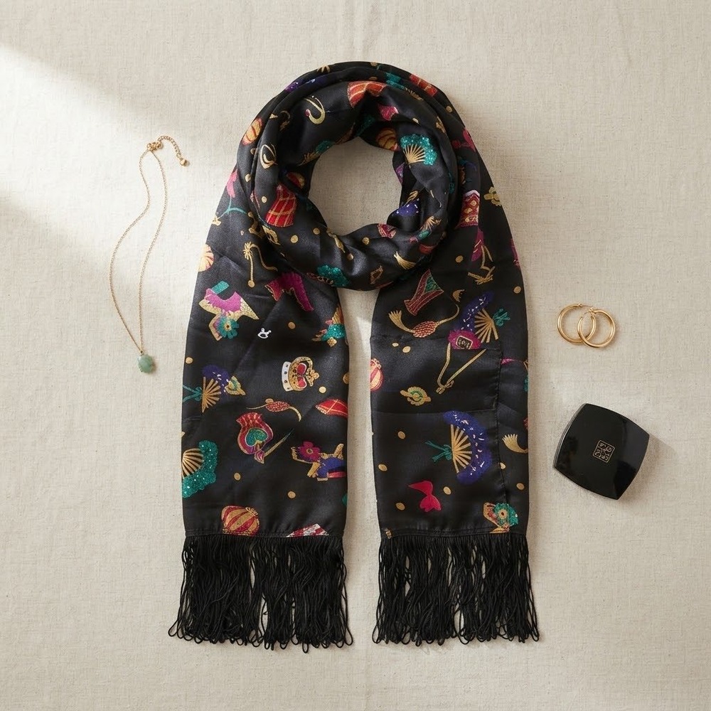 Diane Von Furstenberg Scarf Women OS Black Novelty Print Fringe Silk Feel Vtg